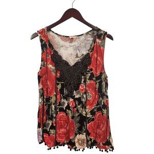 Anthropologie Meadow Rue Floral Sleeveless Tank Medium Red Pom Pom